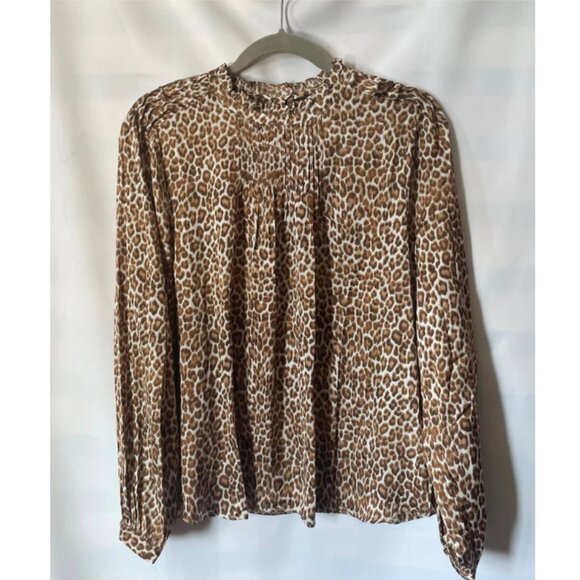 J. Crew Leopard Print Ruffle Neck Blouse Women’s Large Brown Long Sleeve - Picture 3 of 8
